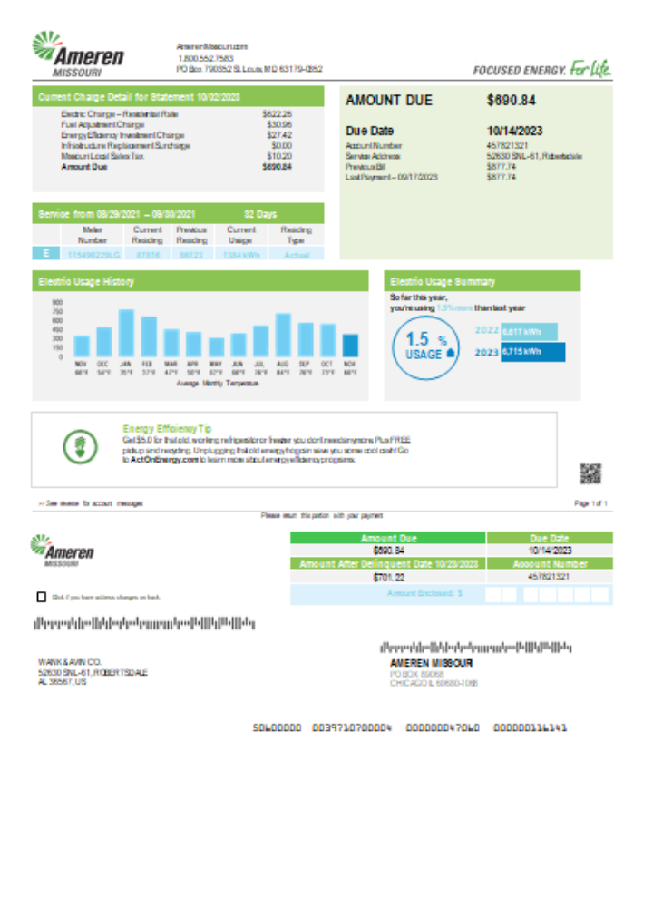 Download Ameren Missouri electricity utility business bill,  page 1, SCR Photoshop template
